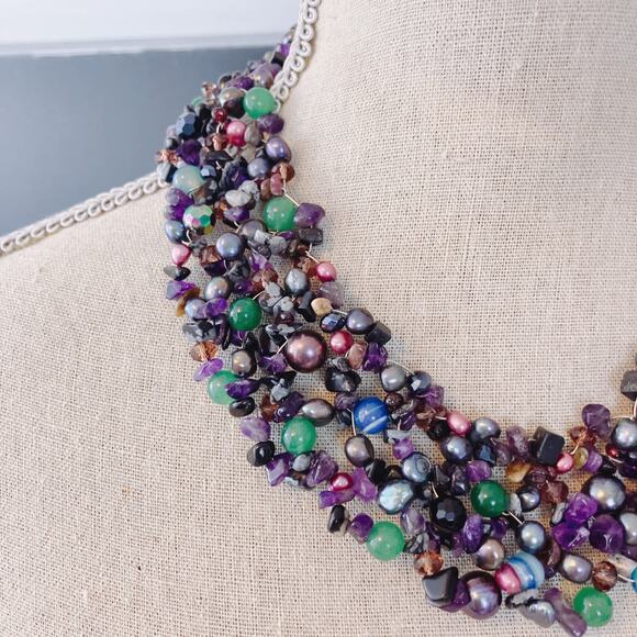 VTG Amethyst Jade Quartz Bib Necklace Mesh Collar Statement Boho Y2K Artisan - Picture 5 of 11